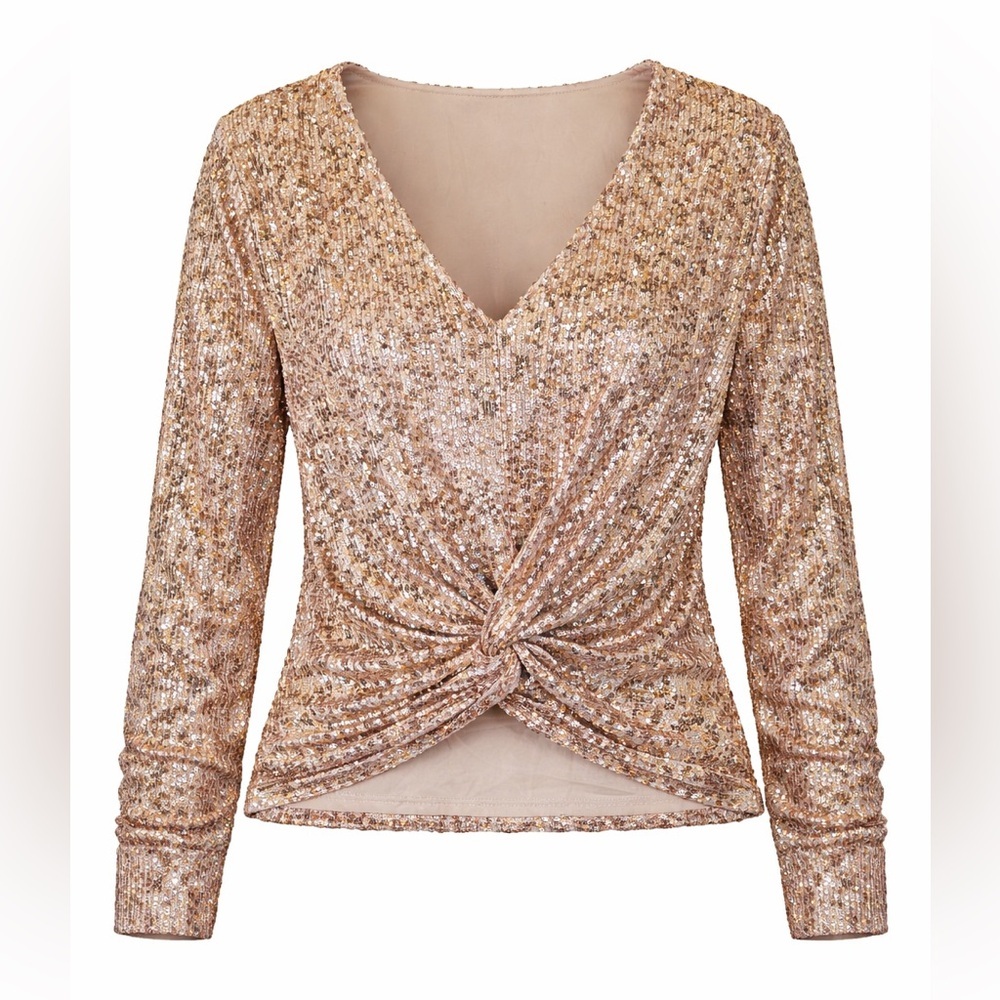 NWT Cable & Gauge Women’s Gold Sequin Twist Front Blouse XS - Picture 1 of 8